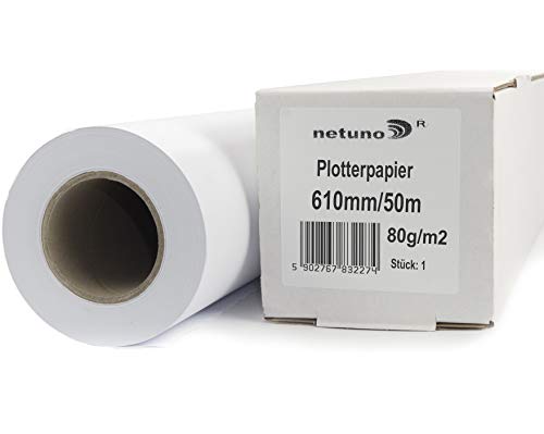 Netuno 1x Weiß Plotterrolle 610 mm x 50 m Plotterpapier 80g / m² Hülse 50 mm (2 Zoll) Qualitäts-Plotterpapier für Inkjet-Plotter Plotterpapier Universalpapier mit Plotterpapier Weiß hochwertig von Netuno