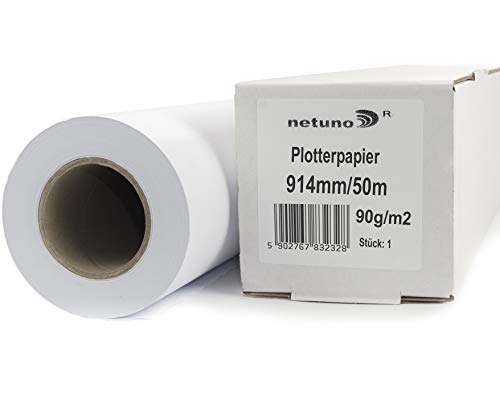 Netuno 1x Weiß Plotterrolle 914 mm x 50 m Plotterpapier 90g / m² Hülse 50 mm (2 Zoll) Qualitäts-Plotterpapier für Inkjet-Plotter Plotterpapier Universalpapier Rolle mit Plotterpapier Weiß hochwertig von Netuno