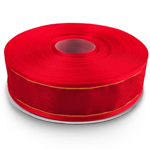 Netuno 1 x Chiffonband Rot mit Goldfaden 25 mm x 22 m Organza Band Polyester Schleifenband transparent Geschenkband Dekoband für Geschenke Hochzeit Weihnachten Kommunion Taufe Basteln Dekorieren von Netuno