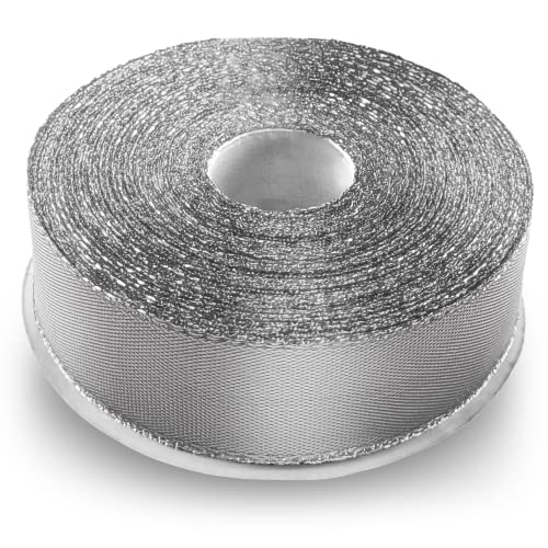 Netuno 1 x Geschenkband glänzend Silber 25 mm x 22 m Polyester Band Schleifenband Geschenkband Dekoband Glanzband metallic Glitzer Bänder zum Basteln Dekorieren glänzendes Stoffband metallisch von Netuno