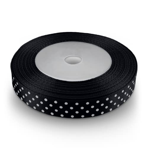 Netuno 1 x Satinband schwarz gepunktet 12 mm x 22 m Schleifenband mit Punkten Geschenkband Dekoband Stoffband Satinrolle für Hochzeit Kommunion Taufe Geschenke Verpacken Blumen Dekoration Basteln von Netuno