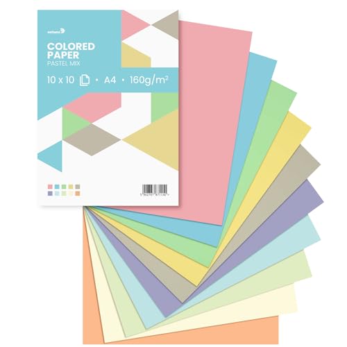 Netuno 100 Blatt farbiges Papier Pastellfarben (10x10) DIN A4 21 x 29,7 cm 160g Papier-Mix farbig sortiert buntes Blätter-Set Tonzeichen-Papier Bastelpapier bunt für kreative Projekte Blankokarten von Netuno