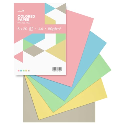 Netuno 100 Blatt farbiges Papier Pastellfarben (5x20) DIN A4 21 x 29,7 cm 80g Papier-Mix farbig sortiert buntes Blätter-Set Tonzeichen-Papier Bastelpapier bunt für kreative Projekte Blankokarten von Netuno