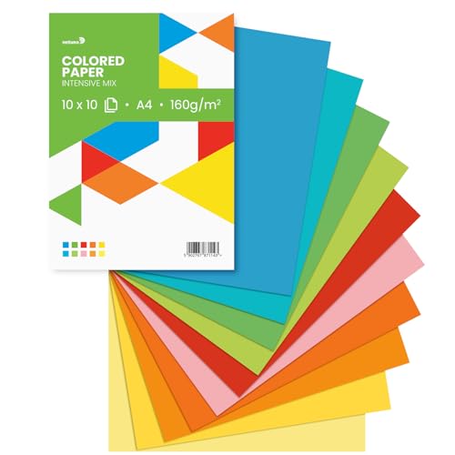 Netuno 100 Blatt farbiges Papier intensive Farben (10x10) DIN A4 21 x 29,7 cm 160g Papier-Mix farbig sortiert buntes Blätter-Set Tonzeichen-Papier Bastelpapier bunt für kreative Projekte Blankokarten von Netuno