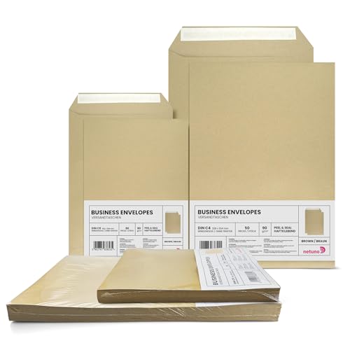 Netuno 100 Stück Versandtaschen DIN C4 & DIN C5 (je 50) Braun ohne Fenster 90 g/m² Kraftpapier Briefumschläge haftklebend mit Abziehstreifen für Rechnungen Briefe Dokumente Maxibrief Kuverts groß von Netuno