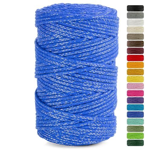 Netuno 1x Makramee Garn Dunkelblau mit silbernem Metallfaden 5 mm 100 m Baumwollkordel Textilgarn Kordelband Naturbaumwolle Garn für Makramee Baumwollgarn Weihnachten Kordel Geschenkband Macrame von Netuno