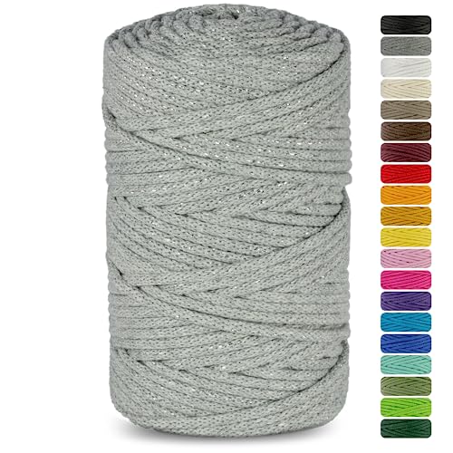 Netuno 1x Makramee Garn grau mit silbernem Metallfaden 3mm 100m Baumwollkordel Textilgarn Kordelband Naturgarn Naturbaumwolle Garn für Makramee Baumwollgarn Dekoschnur farbig Cotton Cord Macrame von Netuno