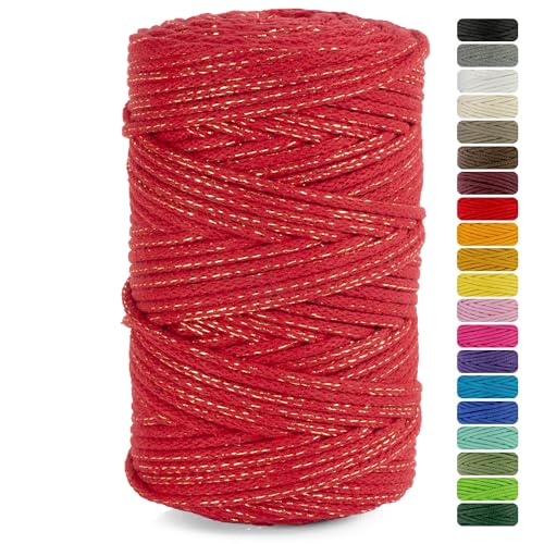 Netuno 1x Makramee Garn rot mit goldenem Metallfaden 5 mm 100 m Baumwollkordel Textilgarn Kordelband Naturgarn Naturbaumwolle Garn für Makramee Baumwollgarn Weihnachten Kordel Geschenkband Macrame von Netuno