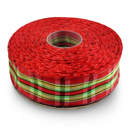 Netuno 1x Schleifenband kariert Rot-Grün-Gelb 25 mm x 22 m m Karoband Dekoband Geschenkband Karomuster Stoffband Polyester Band für Weihnachten Geburtstag Dekoration Basteln Geschenk Verpacken Blumen von Netuno