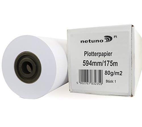 Netuno 1x Weiß Kopierrolle Plotterrolle 594 mm x 175 m 80 g Hülse 76 mm Rollenpapier Kopierpapier für die Großflächenkopierung Großformatkopierer Inkjet-Plotter von Netuno