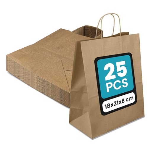 Netuno 25 Papiertüten mit Henkel Braun 18 x 21 x 8 cm braune Papiertaschen Kraftpapier mit Griffen Geschenktüten Kraft Papierbeutel Papiertragetaschen Öko paper bags von Netuno