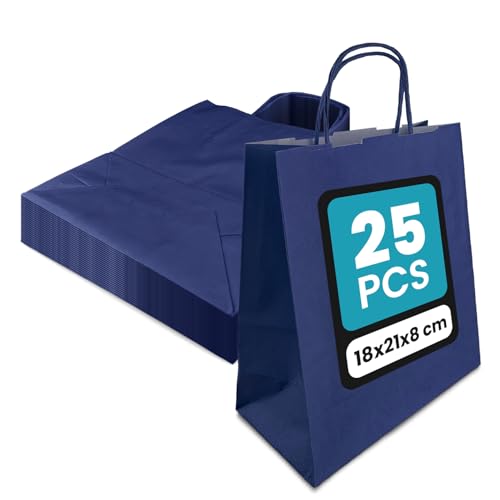 Netuno 25 Papiertüten mit Henkel Dunkelblau 18 x 21 x 8 cm bunte Papiertaschen Kraftpapier Papiertragetasche mit Griff farbige Geschenktüten Kraftpapiertüten Papierbeutel farbig von Netuno