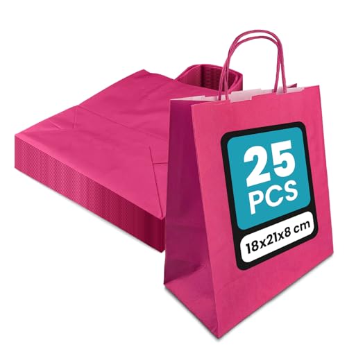 Netuno 25 Papiertüten mit Henkel Rosa 18 x 21 x 8 cm bunte Papiertaschen Kraftpapier Papiertragetasche mit Griff farbige Geschenktüten Kraftpapiertüten Papierbeutel farbig von Netuno