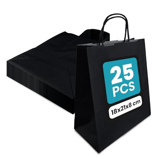 Netuno 25 Papiertüten mit Henkel Schwarz 18 x 21 x 8 cm schwarze Papiertaschen Kraftpapier mit Griffen Geschenktüten Kraft Papierbeutel Papiertragetaschen Öko paper bags von Netuno