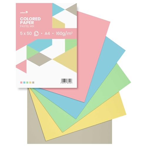 Netuno 250 Blatt farbiges Papier Pastellfarben (5x50) DIN A4 21 x 29,7 cm 160g Papier-Mix farbig sortiert buntes Blätter-Set Tonzeichen-Papier Bastelpapier bunt für kreative Projekte Blankokarten von Netuno