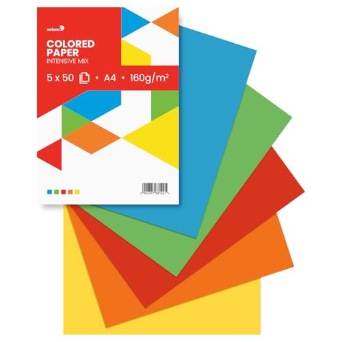 Netuno 250 Blatt farbiges Papier intensive Farben (5x50) DIN A4 21 x 29,7 cm 160g Papier-Mix farbig sortiert buntes Blätter-Set Tonzeichen-Papier Bastelpapier bunt für kreative Projekte Blankokarten von Netuno