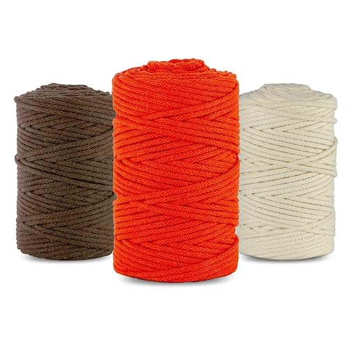 Netuno 3X Makramee Garn 5mm 100m 3er Set Baumwollkordel Elfenbein Orange Braun Textilgarn Kordelband Naturgarn Naturbaumwolle Garn für Makramee Taschengarn Dekoschnur Flechtschnur Baumwolle Garn von Netuno