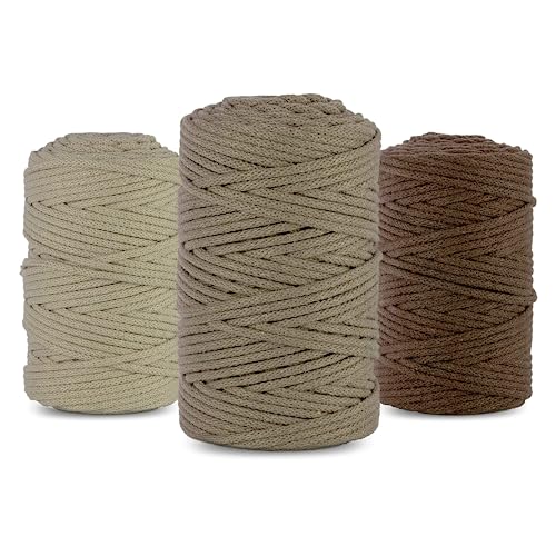 Netuno 3X Makramee Garn 5mm 100m 3er Set Baumwollkordel Hellbeige Dunkelbeige Braun Textilgarn Kordelband Naturgarn Naturbaumwolle Garn für Makramee Taschengarn Dekoschnur Flechtschnur Baumwolle Garn von Netuno