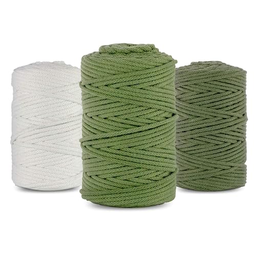 Netuno 3X Makramee Garn 5mm 100m 3er Set Baumwollkordel Khaki Pistaziengrün Weiß Textilgarn Kordelband Naturgarn Naturbaumwolle Garn für Makramee Taschengarn Dekoschnur Flechtschnur Baumwolle Garn von Netuno