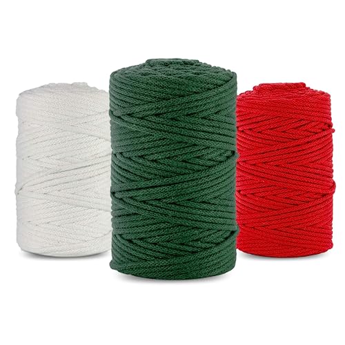 Netuno 3X Makramee Garn 5mm 100m 3er Set Baumwollkordel Weiß Rot Flaschengrün Textilgarn Kordelband Naturgarn Naturbaumwolle Garn für Makramee Taschengarn Dekoschnur Flechtschnur Weihnachtsset von Netuno