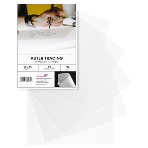 Netuno 50 Blatt Transparentpapier bedruckbar DIN A5 14,8 x 21 cm 112g Aster Tracing weißes Pergamentpapier zum Bedrucken Pauspapier Architektenpapier transparentes Zeichenpapier Tracing Paper von Netuno