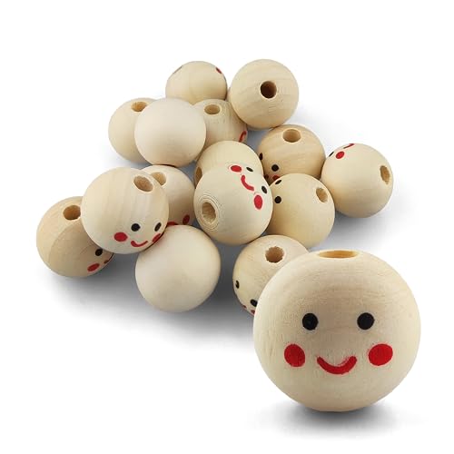 Netuno New 16 Stück Holz-Kugeln mit großem Loch und Gesicht 20 mm smiling face Kopf Holzköpfe Engelsköpfe Holzperlen rund mit Bastel-Perlen für Makramee Schmuck Deko- zum Basteln von Netuno