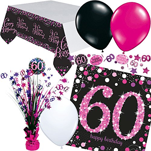 Neu: 33-TLG. Tischdeko-Set * Magenta Sparkling * für den 60. Geburtstag | mit Centerpiece + Tischdecke + Konfetti + Servietten | Deko Set Party sechzig von Neu: