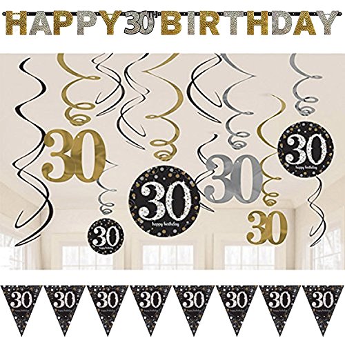 Neu: 39-tlg. Deko-Set * Sparkling Celebration * für Den 30. Geburtstag | Dekoration für die Decke | Wimpelkette + Girlande + Deko-Wirbel | Party Dreißig von Neu: