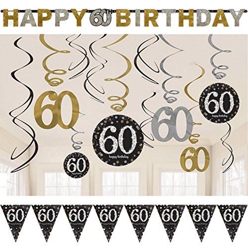 Neu: 39-tlg. Deko-Set * Sparkling Celebration * für Den 60. Geburtstag | Dekoration für die Decke | Wimpelkette + Girlande + Deko-Wirbel | Party Sechzig von Neu: