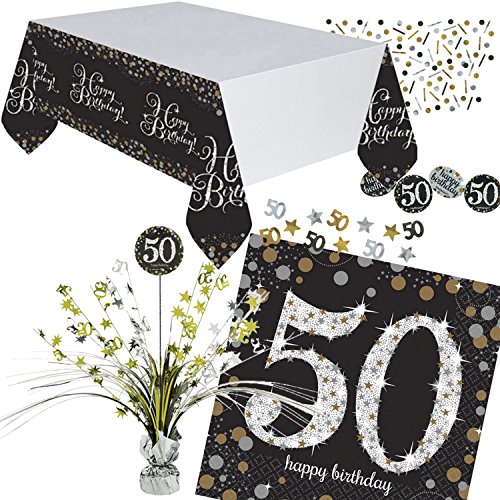 Neu: 46-TLG. Tischdeko-Set * Sparkling Celebration * für den 50. Geburtstag | mit Centerpiece + Tischdecke + Konfetti + Servietten | Deko Set Party fünfzig von Neu: