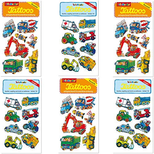 Neu: 6-teiliges Tattoo-Set * Baustelle + Fahrzeuge * vom Lutz Mauder-Verlag | mit Bagger, Kipper, Mischer, Bauarbeiter | Kinder Kindertattoo Kindergeburtstag Geburtstag Mitgebsel von Neu: