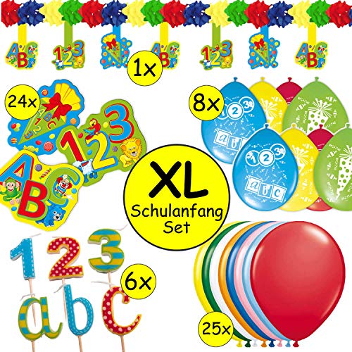 Neu: 64-teiliges XL-Deko-Set * Einschulung & Schulanfang * für Jungen und Mädchen zum Schulstart | mit Girlande, Kerzen, XXL-Konfetti und vielen Luftballons | ABC Kinder Schule von Neu: