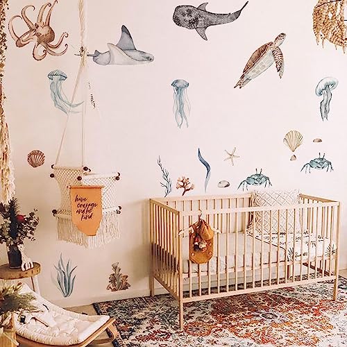 Neukids 200x200cm Unterwasserwelt Wandtattoo Aquarell ozean tiere Wandtattoo Oktopus Pottwal Stachelrochen Krabbe Wandsticker Unterwasserwelt kinderzimmer Babyzimmer Bad Wohnzimmer Wandaufkleber von Neukids