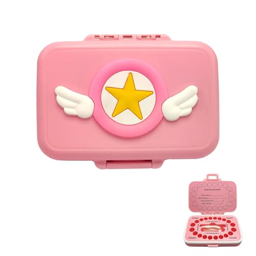 Frohstadt Milchzahndose 20 Fach mit Baumwolle | Lebensmittelechte Plastik Zahnbox Jungen Mädchen | Zahnfee Geschenk & Taufgeschenke | Wasserdichter Silikonring + Drehverschluss (Farbige Flügel） (Rosa) von Neulexus