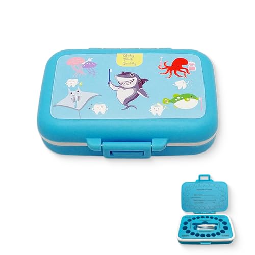 Frohstadt Milchzahndose 20 Fach mit Baumwolle | Lebensmittelechte Plastik Zahnbox Jungen Mädchen | Zahnfee Geschenk & Taufgeschenke | Wasserdichter Silikonring + Drehverschluss (Meerestiere (Blau) von Frohstadt
