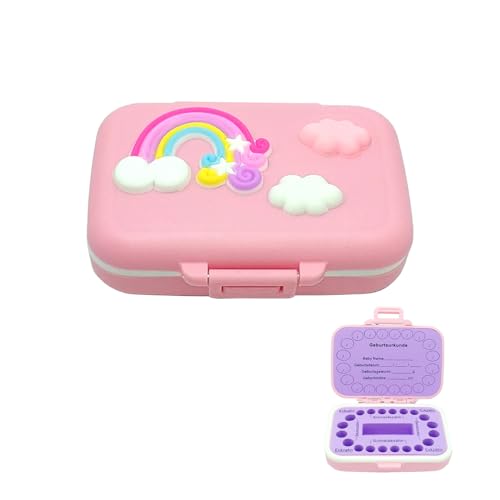 Milchzahndose 20 Fach mit Baumwolle | Lebensmittelechte Plastik Zahnbox Jungen Mädchen | Zahnfee Geschenk & Taufgeschenke | Wasserdichter Silikonring + Drehverschluss (Regenbogen Design) (lila) von Frohstadt