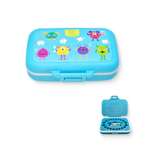 Milchzahndose 20 Fach mit Baumwolle | Lebensmittelechte Plastik Zahnbox Jungen Mädchen | Zahnfee Geschenk & Taufgeschenke | Wasserdichter Silikonring + Drehverschluss (Monsterchen） (Rosa Blau) von Frohstadt