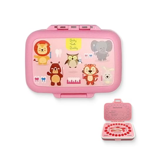 Frohstadt Milchzahndose 20 Fach mit Baumwolle | Lebensmittelechte Plastik Zahnbox Jungen Mädchen | Zahnfee Geschenk & Taufgeschenke | Wasserdichter Silikonring + Drehverschluss (Wildtier) (Rosa) von Frohstadt