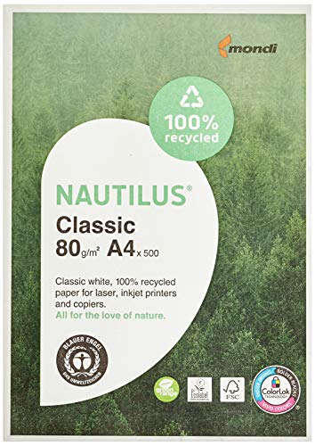 Mondi 88032442 Recycling-Druckerpapier Nautilus , 80 g/m², A4, 500 Blatt, weiß, CIE Weiße =112 von NAUTILUS Classic