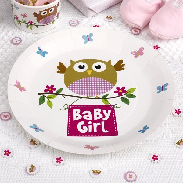 Geburtstagsteller Kleine Eule "Baby Girl", ca. 23cm, 8er Pack
