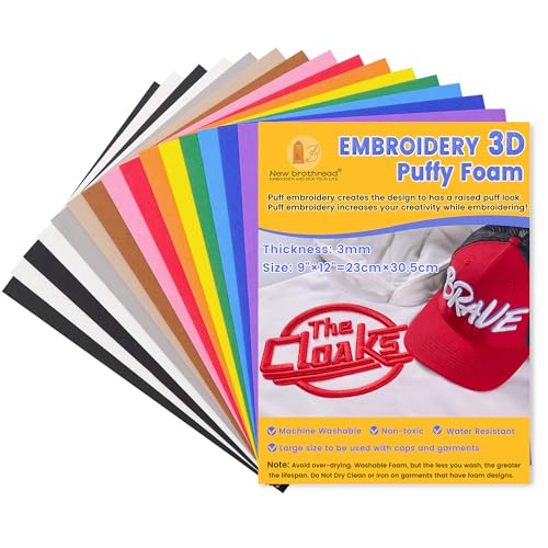 New brothread - 15PCS Stickschaum Schaumstoffplatten 9″x12″ (23cmx30.5cm) Große Größe 3MM Dicke Erstellen 3D-Stickerei-Effekt für Kappen, Kleidung, Jacken, Taschen, Rucksäcke und mehr -Multi Farben von New brothread