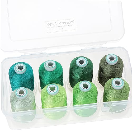 New brothread - 18 Optionen - 8 Schnappen Spulen von 1000m jeder Polyester Maschine Stickgarn mit Klarer Kunststoff Aufbewahrungsbox für Stickerei & Quilten - Different Green von New brothread