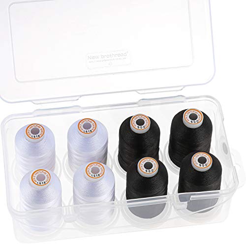 New brothread - 18 Optionen - 8 Schnappen Spulen von 1000m jeder Polyester Maschine Stickgarn mit Klarer Kunststoff Aufbewahrungsbox für Stickerei & Quilten - Weiß+Schwarz von New brothread