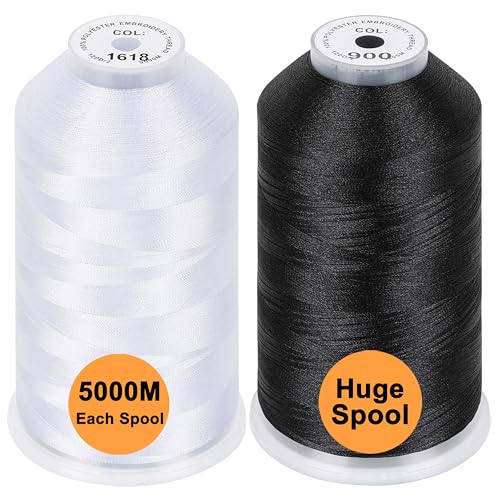 New brothread 2er Set (Weiß+Schwarz) Polyester Maschinen Stickgarn Riesige Spule 5000M für alle Stickmaschine von New brothread