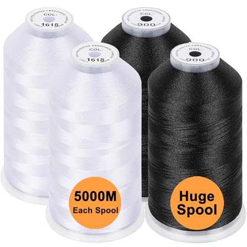 New brothread 4er Set (2xWeiß+2xSchwarz) Polyester Maschinen Stickgarn Riesige Spule 5000M für alle Stickmaschine von New brothread