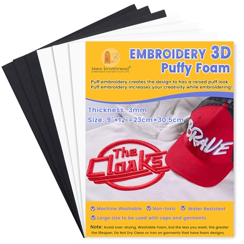 New brothread - 6PCS Stickschaum Schaumstoffplatten 9″x12″ (23cmx30.5cm) Große Größe 3MM Dicke Erstellen 3D-Stickerei-Effekt für Kappen, Kleidung, Jacken, Taschen, Rucksäcke und mehr -3xWeiß+3xSchwarz von New brothread