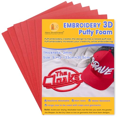 New brothread - 6PCS Stickschaum Schaumstoffplatten 9″x12″ (23cmx30.5cm) Große Größe 3MM Dicke Erstellen 3D-Stickerei-Effekt für Kappen, Kleidung, Jacken, Taschen, Rucksäcke und mehr -Rot von New brothread