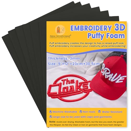 New brothread - 6PCS Stickschaum Schaumstoffplatten 9″x12″ (23cmx30.5cm) Große Größe 3MM Dicke Erstellen 3D-Stickerei-Effekt für Kappen, Kleidung, Jacken, Taschen, Rucksäcke und mehr -Schwarz von New brothread