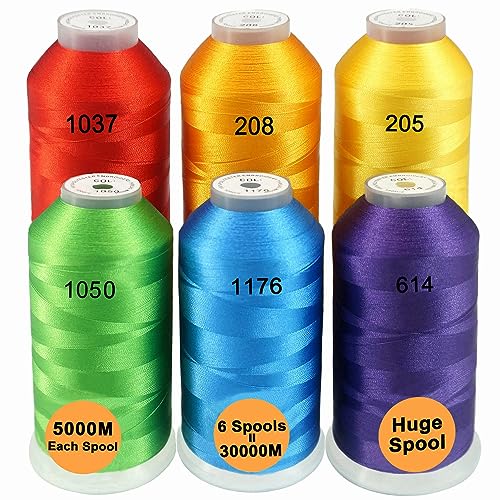 New brothread 6er Set Regenbogen Farben Polyester Maschinen Stickgarn Riesige Spule 5000M für alle Stickmaschine von New brothread