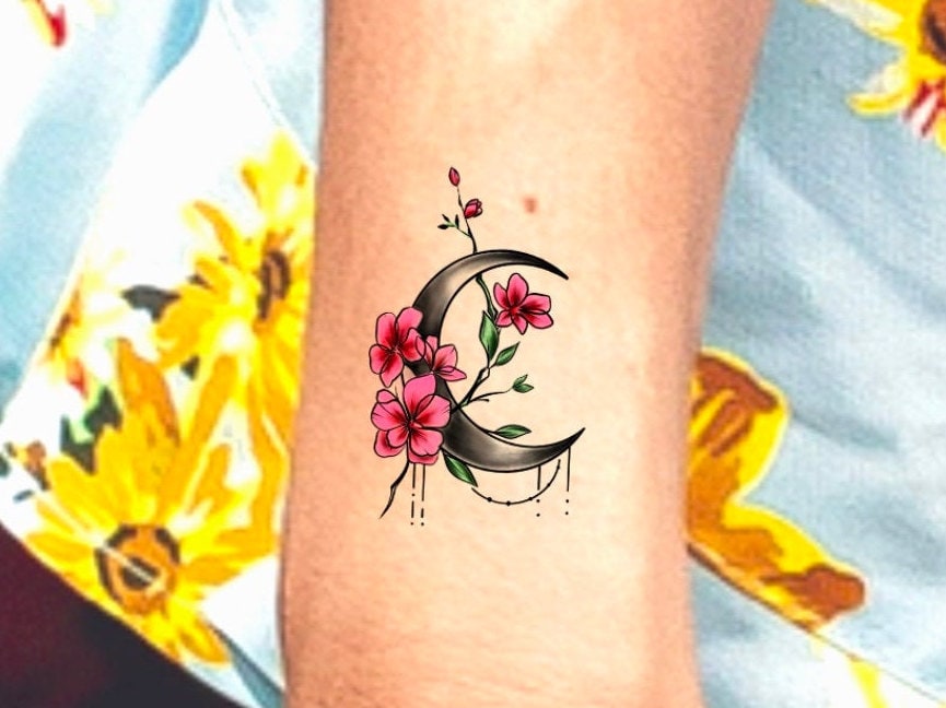 Mond Blume Temporäres Tattoo/Florales Halbmond Blumen Wildblumen Niedliches Space Tat von NewYouTattoo